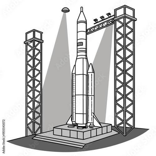 Grayscale of a rocket on a launchpad with service towers