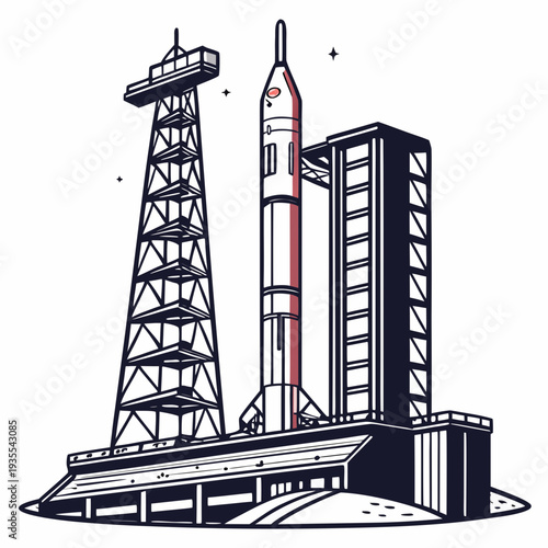 Vertical rocket launchpad with service tower and umbilical tower