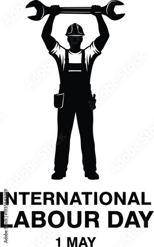 International Labour Day graphic illustration featuring a silhouette of a construction worker holding a large wrench above his head