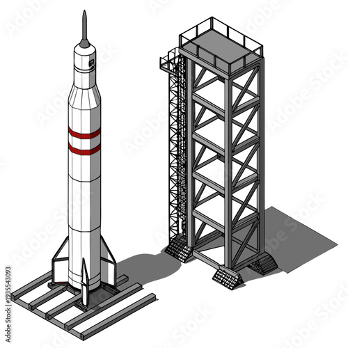 White rocket on launchpad with red stripes next to tower
