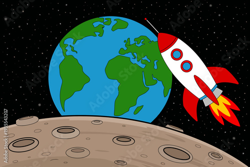 Cartoon rocket flying by earth and moon