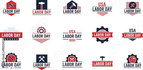 A collection of fifteen different Labor Day logos and emblems, featuring industrial tools and patriotic colors, isolated on a white background.