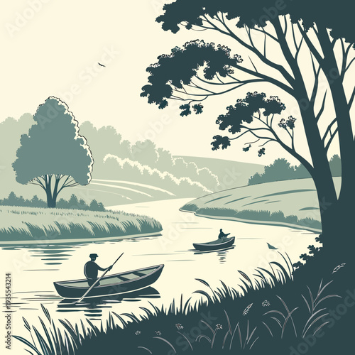 Serene river landscape with people fishing from boats