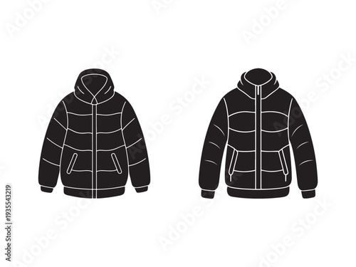 Two black hooded jackets with white outlines shown from front and back with zippers and pockets  outdoor clothing