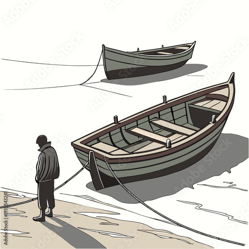 Man standing on beach pulling rope tied to boat shore