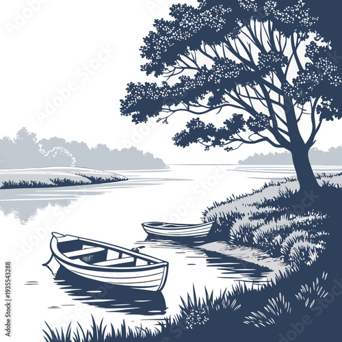 Serene rural riverbank scene with boats and tree grass