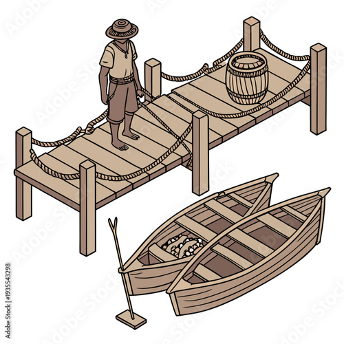 Rural wooden dock with man and boat rope railing