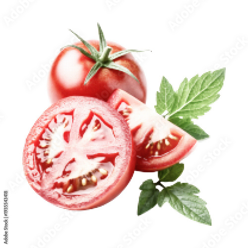 Fresh tomato with slice and leaves in halftone style. Color dotted vector illustration of ripe vegetable symbolizing healthy food, organic farming, cooking ingredient and natural nutrition.