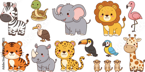 Cute Safari Jungle Animals Cartoon Collection with Lion, Elephant, Zebra, Giraffe, Tiger, Rhino and Tropical Birds Vector Set