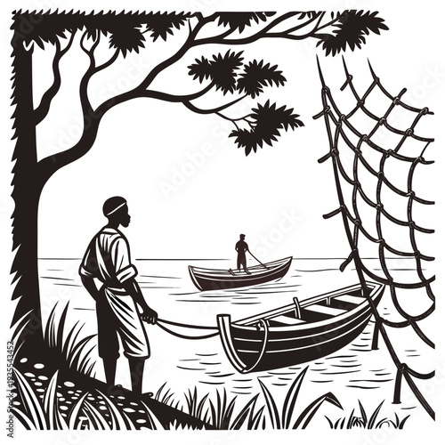 Black and white of rural river life with boats and fishing net