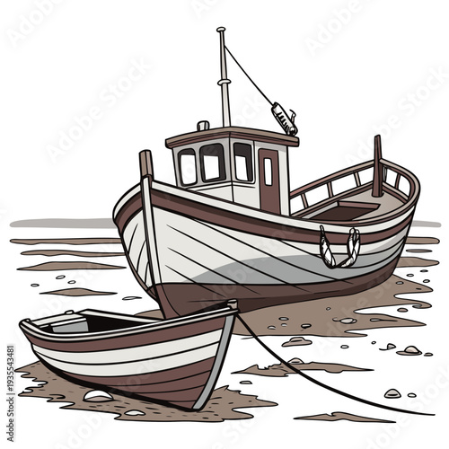 Brown and white fishing boat and small rowboat on muddy shore