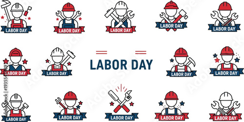 A collection of minimalist Labor Day icons featuring construction workers wearing hard hats and holding various tools like hammers and wrenches.
