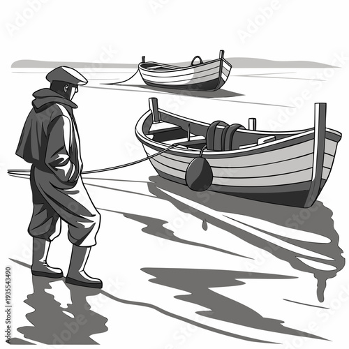 Grayscale of man standing by docked narrow boats