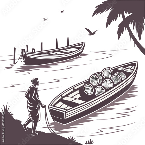 Monochrome of man pulling boat with baskets on riverbank near palm tree