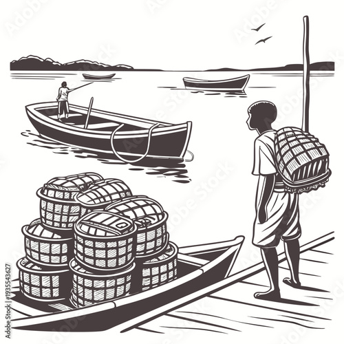 Monochromatic of man carrying fishing traps on dock with boats