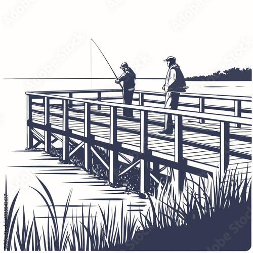 Two men fishing on a wooden dock by the water fishing dock