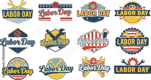 A collection of vintage Labor Day logos and badges featuring industrial tools like wrenches and gears, set against patriotic red, white, and blue backgrounds.