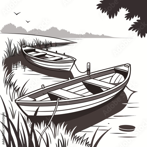 Monochrome of two traditional wooden fishing boats on calm water