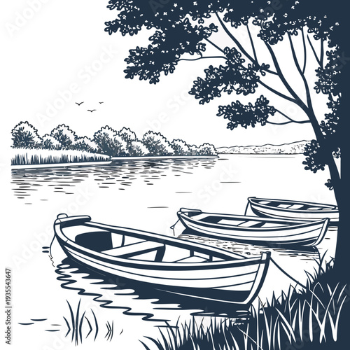 Traditional fishing boats on calm lake shore calm water