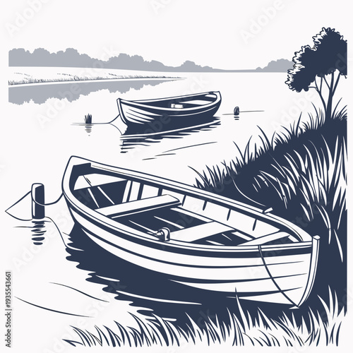 Navy blue of two small wooden boats on calm water lake