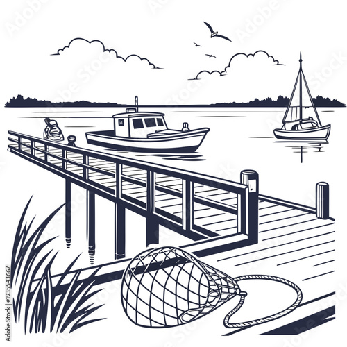 Clean realistic depiction of fishing dock with boats and fishing net