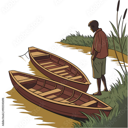 Brown wooden boats on riverbank with man
