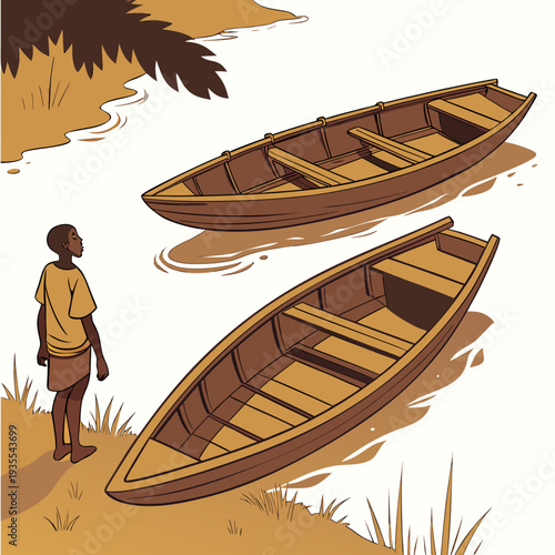 Brown wooden boats on water with a man standing on shore
