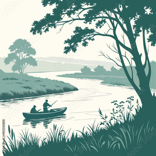 Of two people fishing in a boat on a rural river