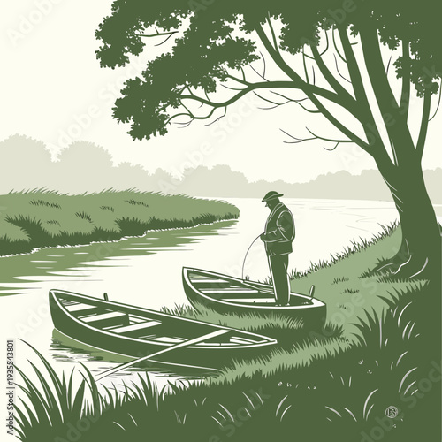 Man standing in small boat with fishing rod by riverbank