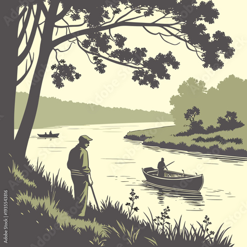 Serene countryside river scene with people fishing from boat and shore