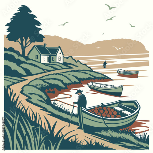 Rural coastal scene with house boats and man