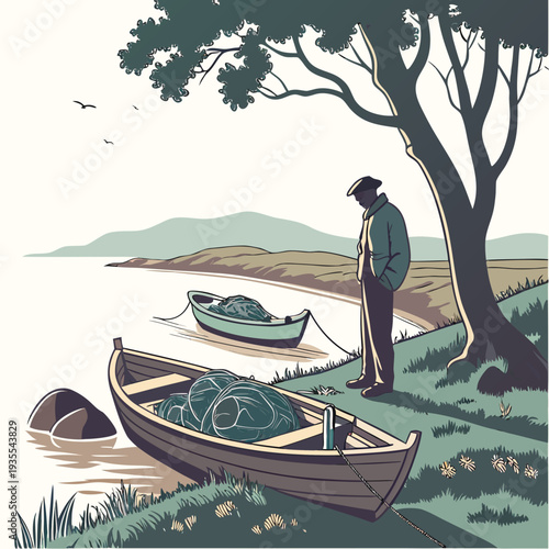 Man standing by river with boats and fishing nets tree