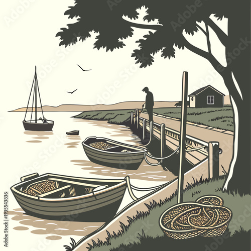 Rural fishing scene with boats and man by fence