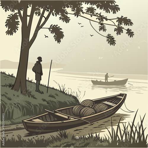 Serene rural river scene with boats and fishing gear