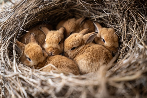 Easter bunny rabbits nestled together in hay nest