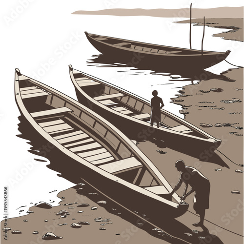 Muddy riverbank with boats and people shore