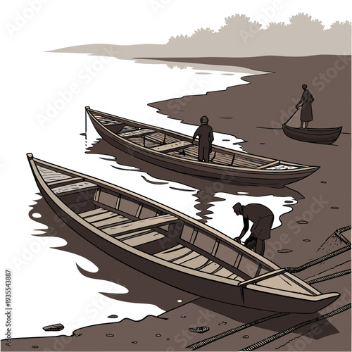 Muddy riverbank with three wooden boats and people