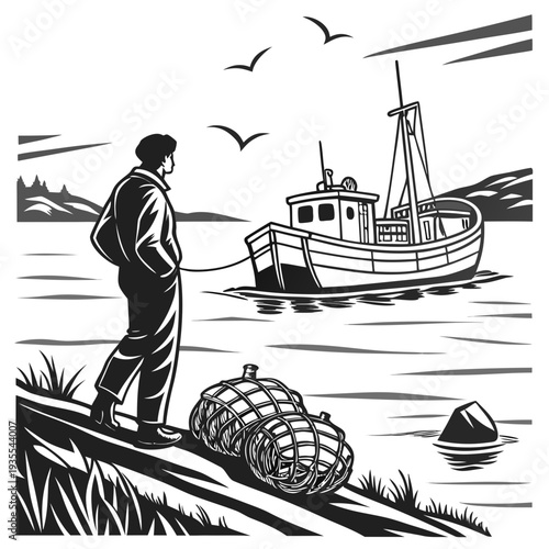 Black and white of man standing by river with boat and crab trap