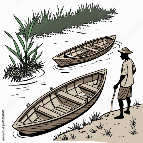 Man standing by river with wooden boats and reeds fishing