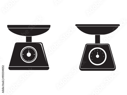 Two black kitchen scales with dials on white background  weighing scales  food weighing  cooking utensils