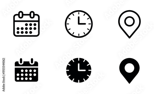 Calendar, Time, Clock and Location Icon Set for Event and Business Use
