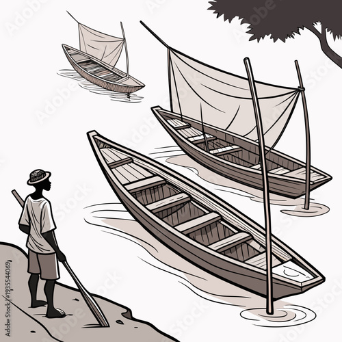 Man standing by riverbank with wooden boats and oar