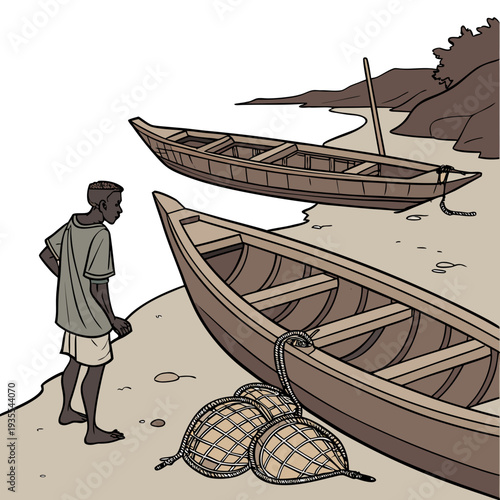 Man standing on riverbank with wooden boats and fishing nets