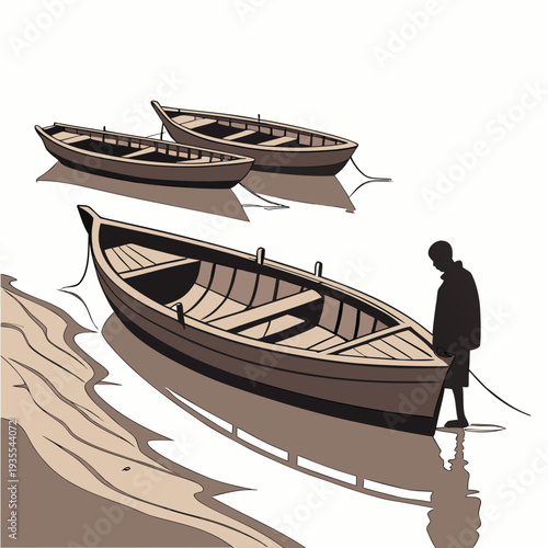 Brown wooden boats on shore with person standing beside one