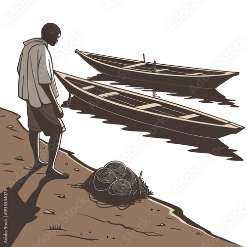 Man standing on riverbank with boats and fishing nets