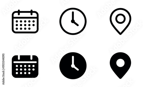 Calendar Time Clock and Address Location Icon Set