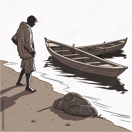 Man standing on riverbank looking at wooden boats shore