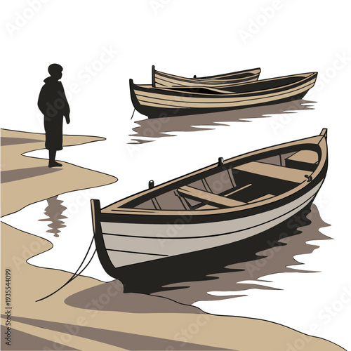 Man standing on shore with two boats in water silhouette
