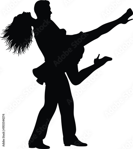 Silhouette of Romantic Couple Dancing and Man Lifting Woman Isolated on White Background for Wedding Celebration and Valentine Day Card