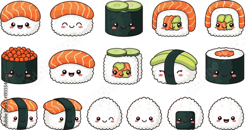 Cute Kawaii Sushi Cartoon Collection with Salmon Nigiri, Maki Rolls, Onigiri and Japanese Food Characters Vector Set